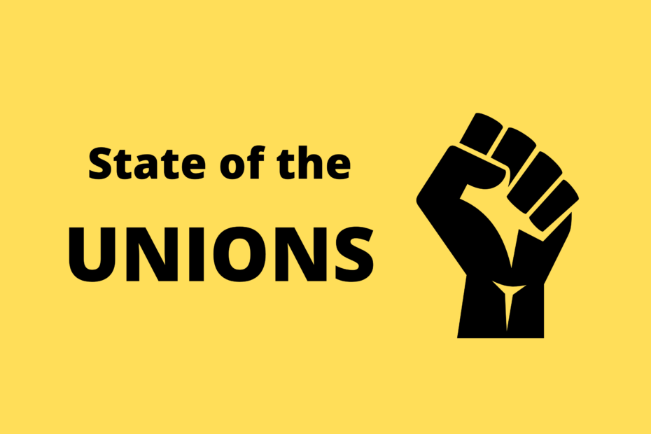A yellow image with a black illustrated solidarity fist and black text stating "state of the UNIONS"